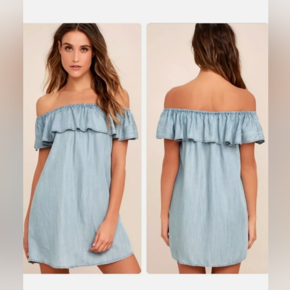 Lulus Standout Chambray Off Shoulder Ruffle Mini Dress Blue Lyocell Medium - Picture 3 of 11